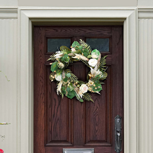 Safavieh FAUX 28 Inch Rose & Fern Wreath - Lifelike Floral Beauty for Year-Round Charm & Vibrant Decor FXP1023A