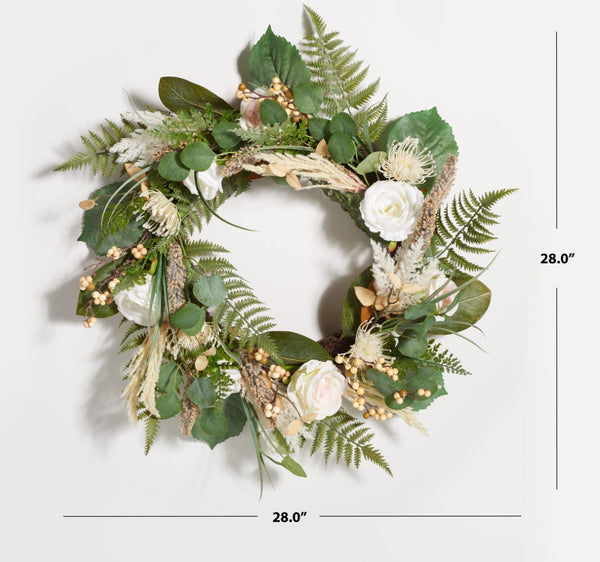 Safavieh FAUX 28 Inch Rose & Fern Wreath - Lifelike Floral Beauty for Year-Round Charm & Vibrant Decor FXP1023A