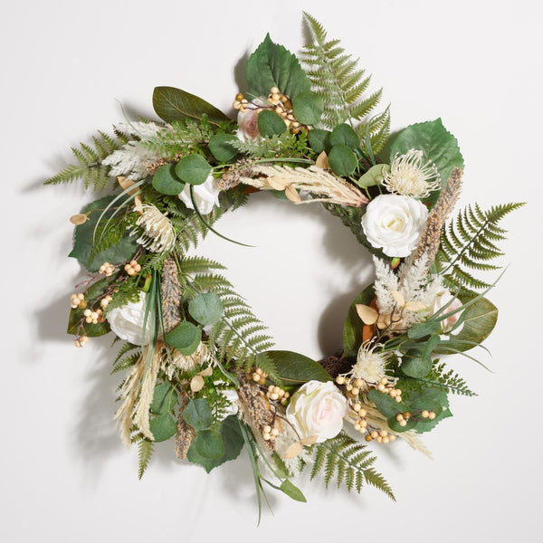 Safavieh FAUX 28 Inch Rose & Fern Wreath - Lifelike Floral Beauty for Year-Round Charm & Vibrant Decor FXP1023A