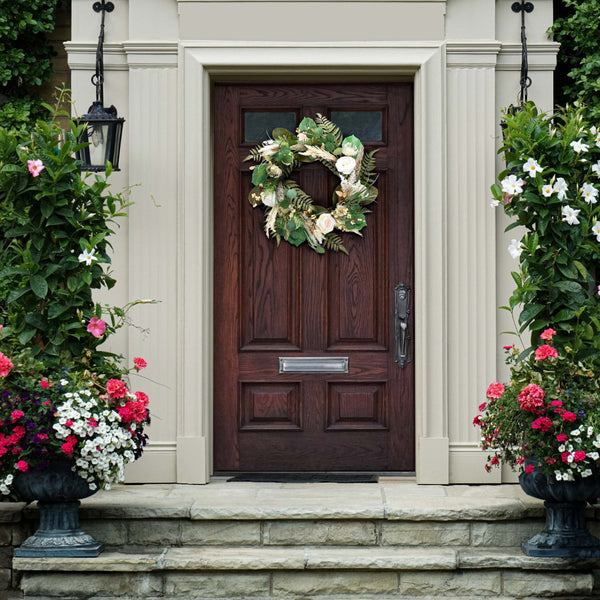 Safavieh FAUX 28 Inch Rose & Fern Wreath - Lifelike Floral Beauty for Year-Round Charm & Vibrant Decor FXP1023A