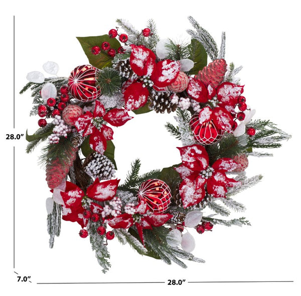 Safavieh Faux Needle Pine Holiday Wreath with Poinsettias Snow Dusted Ornaments 28 Inch FXP1032A