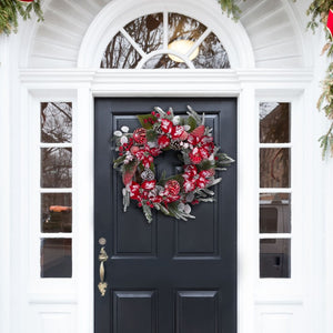 Safavieh Faux Needle Pine Holiday Wreath with Poinsettias Snow Dusted Ornaments 28 Inch FXP1032A