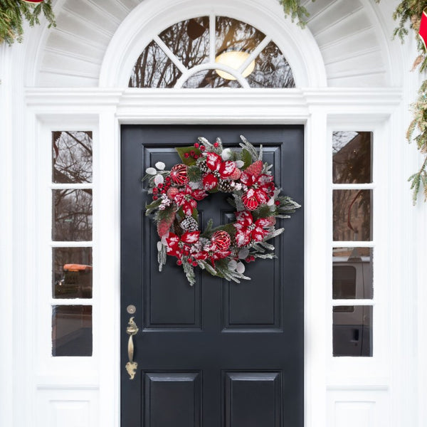 Safavieh Faux Needle Pine Holiday Wreath with Poinsettias Snow Dusted Ornaments 28 Inch FXP1032A