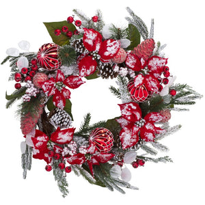 Safavieh Faux Needle Pine Holiday Wreath with Poinsettias Snow Dusted Ornaments 28 Inch FXP1032A