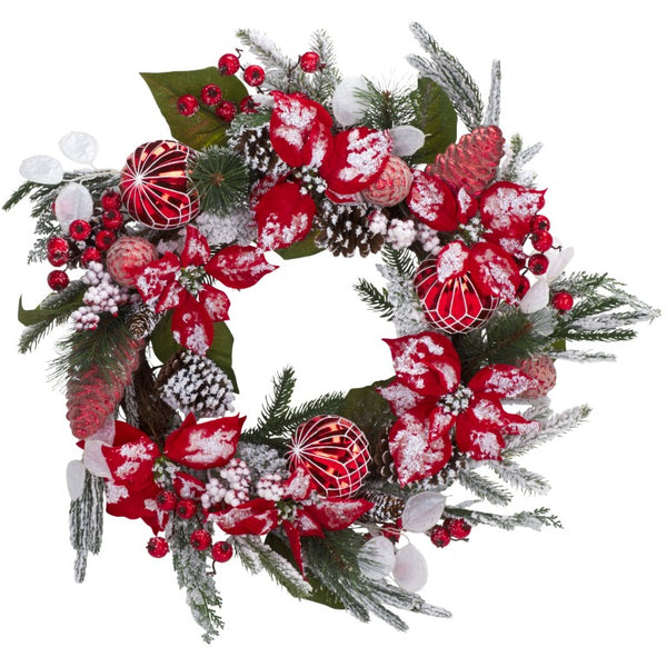 Safavieh Faux Needle Pine Holiday Wreath with Poinsettias Snow Dusted Ornaments 28 Inch FXP1032A