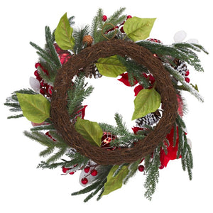 Safavieh Faux Needle Pine Holiday Wreath with Poinsettias Snow Dusted Ornaments 28 Inch FXP1032A