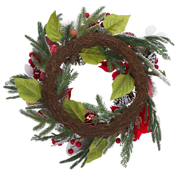 Safavieh Faux Needle Pine Holiday Wreath with Poinsettias Snow Dusted Ornaments 28 Inch FXP1032A