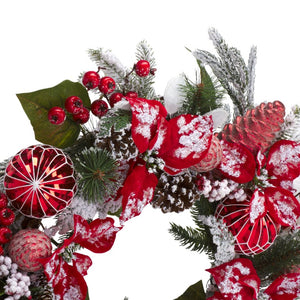Safavieh Faux Needle Pine Holiday Wreath with Poinsettias Snow Dusted Ornaments 28 Inch FXP1032A