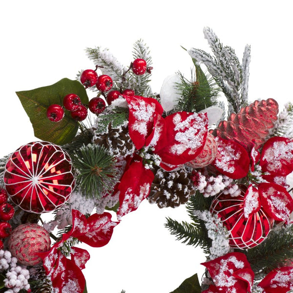 Safavieh Faux Needle Pine Holiday Wreath with Poinsettias Snow Dusted Ornaments 28 Inch FXP1032A