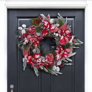 Safavieh Faux Needle Pine Holiday Wreath with Poinsettias Snow Dusted Ornaments 28 Inch FXP1032A