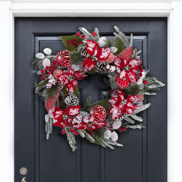 Safavieh Faux Needle Pine Holiday Wreath with Poinsettias Snow Dusted Ornaments 28 Inch FXP1032A
