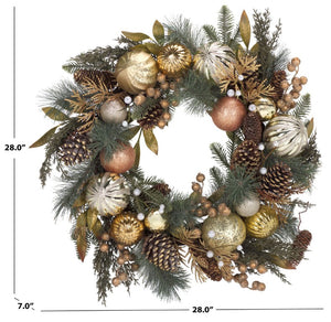 Safavieh Faux Needle Pine Holiday Wreath with Gold Ornaments and Acorns Traditional Decor FXP1033A