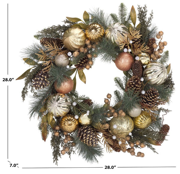 Safavieh Faux Needle Pine Holiday Wreath with Gold Ornaments and Acorns Traditional Decor FXP1033A