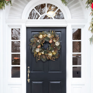 Safavieh Faux Needle Pine Holiday Wreath with Gold Ornaments and Acorns Traditional Decor FXP1033A