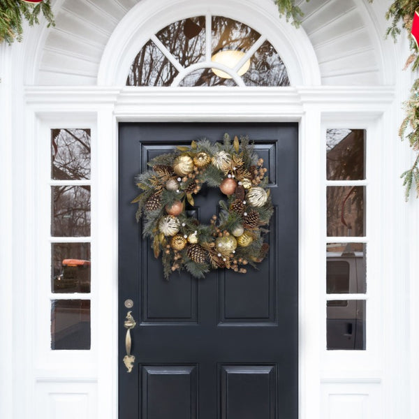 Safavieh Faux Needle Pine Holiday Wreath with Gold Ornaments and Acorns Traditional Decor FXP1033A