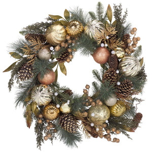 Safavieh Faux Needle Pine Holiday Wreath with Gold Ornaments and Acorns Traditional Decor FXP1033A