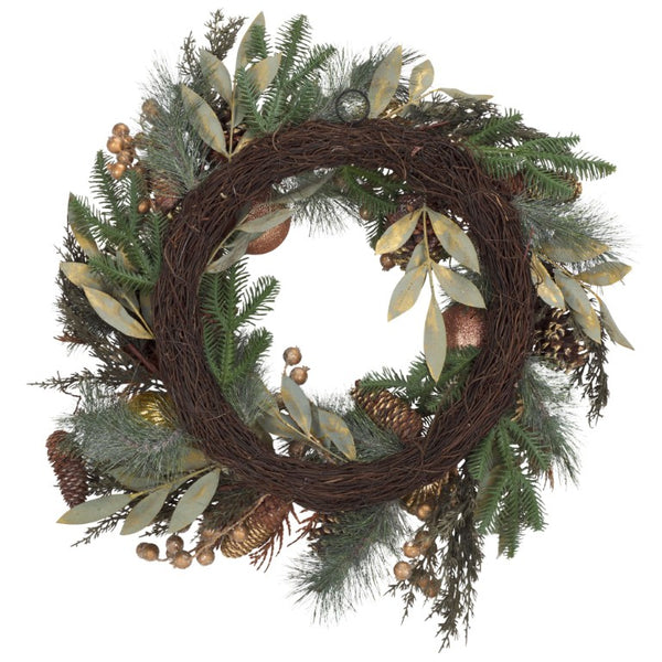 Safavieh Faux Needle Pine Holiday Wreath with Gold Ornaments and Acorns Traditional Decor FXP1033A
