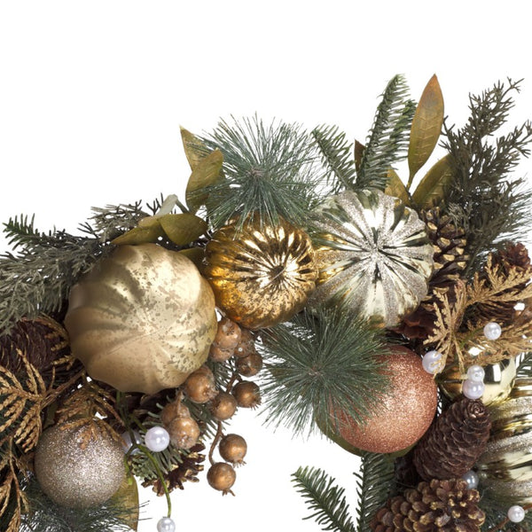 Safavieh Faux Needle Pine Holiday Wreath with Gold Ornaments and Acorns Traditional Decor FXP1033A