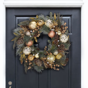 Safavieh Faux Needle Pine Holiday Wreath with Gold Ornaments and Acorns Traditional Decor FXP1033A