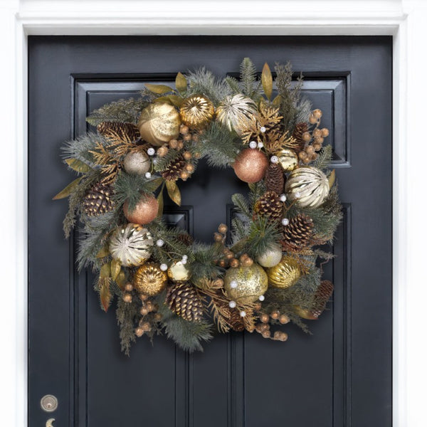 Safavieh Faux Needle Pine Holiday Wreath with Gold Ornaments and Acorns Traditional Decor FXP1033A