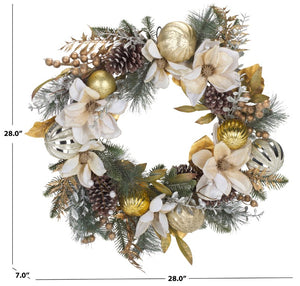 Safavieh Faux Needle Pine Holiday Wreath with Satin Poinsettias Gold Accents and Pinecones FXP1034A