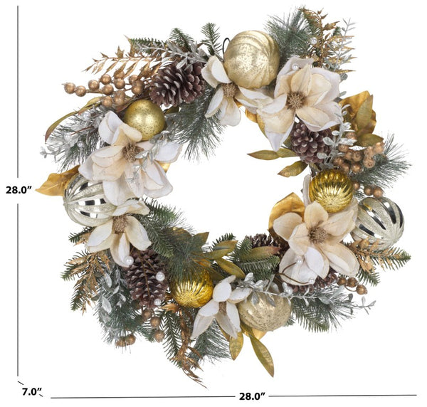 Safavieh Faux Needle Pine Holiday Wreath with Satin Poinsettias Gold Accents and Pinecones FXP1034A