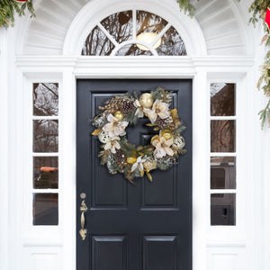 Safavieh Faux Needle Pine Holiday Wreath with Satin Poinsettias Gold Accents and Pinecones FXP1034A