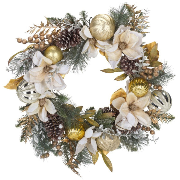 Safavieh Faux Needle Pine Holiday Wreath with Satin Poinsettias Gold Accents and Pinecones FXP1034A