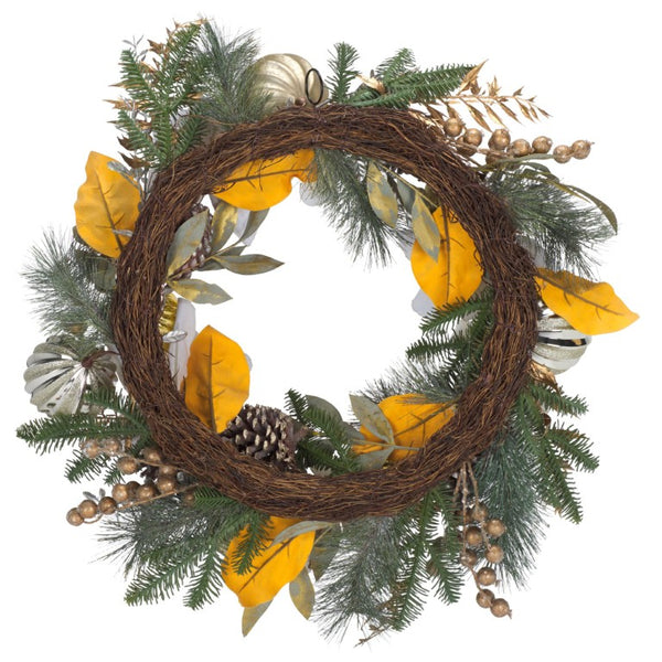 Safavieh Faux Needle Pine Holiday Wreath with Satin Poinsettias Gold Accents and Pinecones FXP1034A