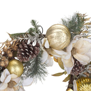 Safavieh Faux Needle Pine Holiday Wreath with Satin Poinsettias Gold Accents and Pinecones FXP1034A