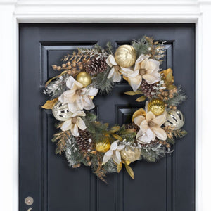 Safavieh Faux Needle Pine Holiday Wreath with Satin Poinsettias Gold Accents and Pinecones FXP1034A