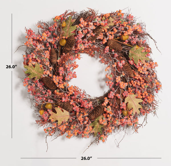 Safavieh FAUX 26-Inch Autumn Wreath with Berries, Acorns, Pine Cones & Oak Leaves for Year-Round Decor FXP1054A