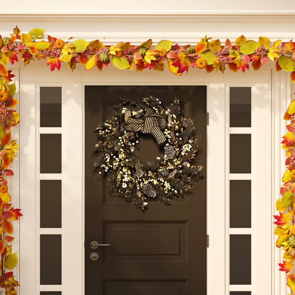 Safavieh FAUX 31-Inch Autumn Berry & Pine Cone Wreath with Bow – Rustic, Maintenance-Free Home Decor Piece FXP1055A