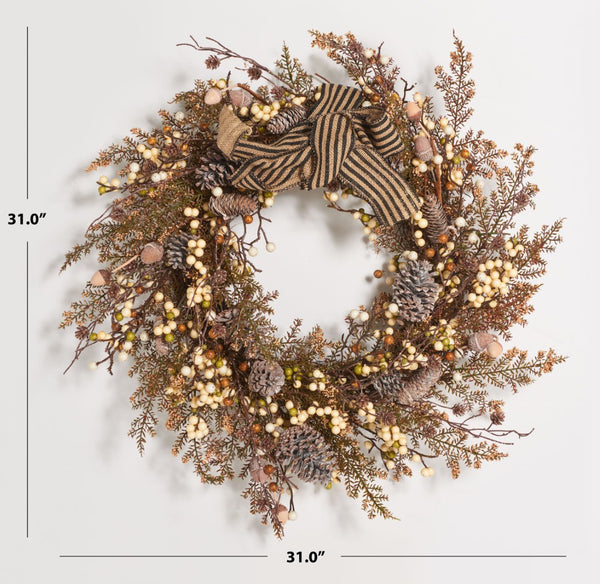 Safavieh FAUX 31-Inch Autumn Berry & Pine Cone Wreath with Bow – Rustic, Maintenance-Free Home Decor Piece FXP1055A