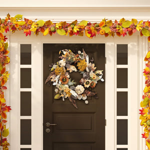 Safavieh FAUX 28 Inch Oak Leaf & Pumpkin Wreath with Pine Cones – Perfect Autumn Decor for Your Home! FXP1056A