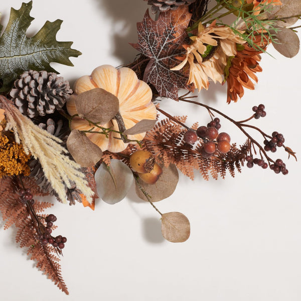 Safavieh FAUX 28 Inch Oak Leaf & Pumpkin Wreath with Pine Cones – Perfect Autumn Decor for Your Home! FXP1056A