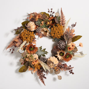 Safavieh FAUX 28 Inch Oak Leaf & Pumpkin Wreath with Pine Cones – Perfect Autumn Decor for Your Home! FXP1056A
