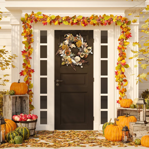 Safavieh FAUX 28 Inch Oak Leaf & Pumpkin Wreath with Pine Cones – Perfect Autumn Decor for Your Home! FXP1056A