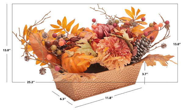 Safavieh FAUX 25-Inch Peony & Pumpkin Arrangement in Rustic Wood Planter - Perfect Autumn Home Decor Piece! FXP1057A