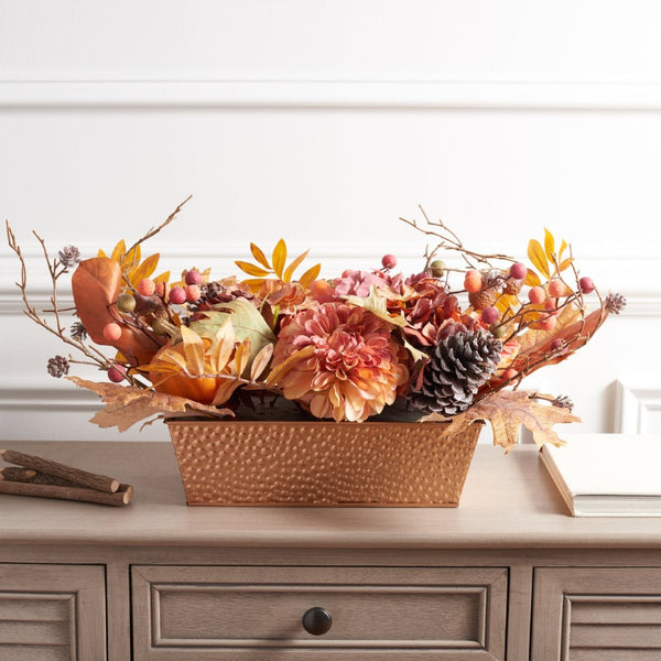 Safavieh FAUX 25-Inch Peony & Pumpkin Arrangement in Rustic Wood Planter - Perfect Autumn Home Decor Piece! FXP1057A