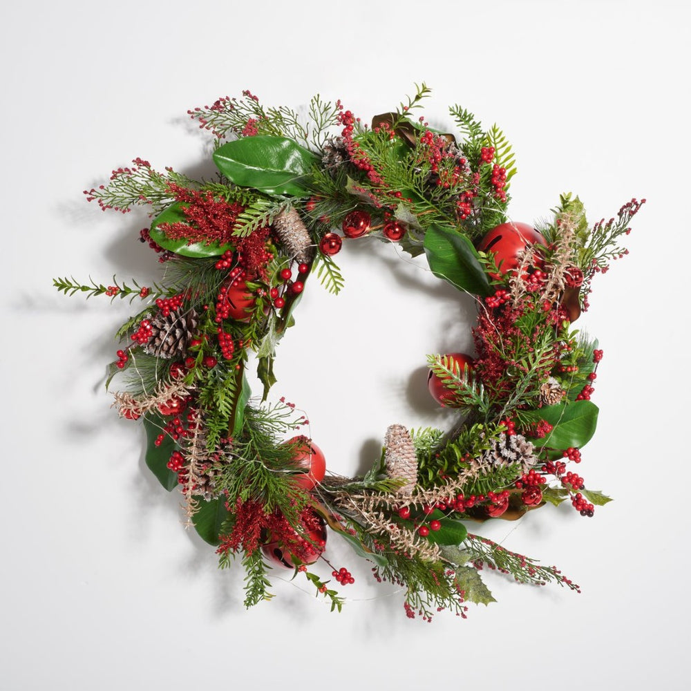 Safavieh FAUX 30 Inch Myrtle LED Wreath with Vibrant Red Bells - Perfect for Holiday Decor & Indoor Charm! FXP1092A
