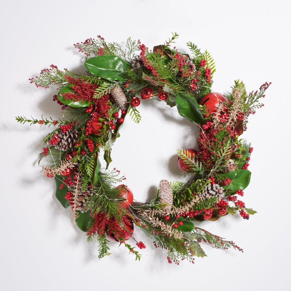 Safavieh FAUX 30 Inch Myrtle LED Wreath with Vibrant Red Bells - Perfect for Holiday Decor & Indoor Charm! FXP1092A