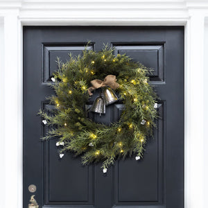 Safavieh FAUX 22-Inch Pine LED Wreath with Gold Bells – Lifelike Holiday Décor for Doors, Mantels & More! FXP1096A