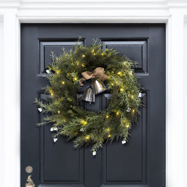 Safavieh FAUX 22-Inch Pine LED Wreath with Gold Bells – Lifelike Holiday Décor for Doors, Mantels & More! FXP1096A