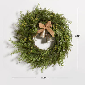 Safavieh FAUX 22-Inch Pine LED Wreath with Gold Bells – Lifelike Holiday Décor for Doors, Mantels & More! FXP1096A
