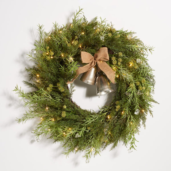 Safavieh FAUX 22-Inch Pine LED Wreath with Gold Bells – Lifelike Holiday Décor for Doors, Mantels & More! FXP1096A