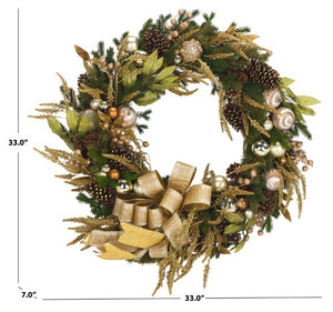 Safavieh Golden Gilded Pine Holiday Wreath with Ornaments Pinecones and Metallic Bow FXP1097A