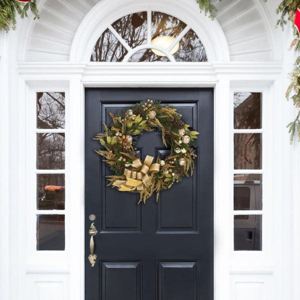 Safavieh Golden Gilded Pine Holiday Wreath with Ornaments Pinecones and Metallic Bow FXP1097A