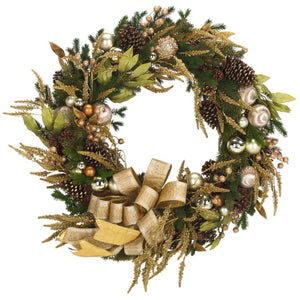 Safavieh Golden Gilded Pine Holiday Wreath with Ornaments Pinecones and Metallic Bow FXP1097A