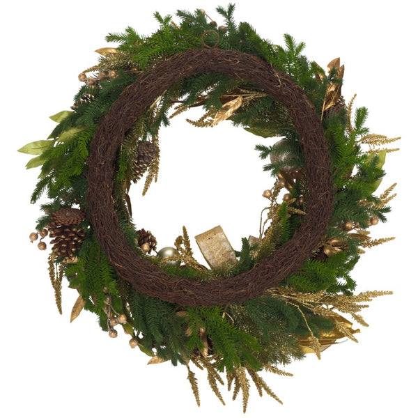 Safavieh Golden Gilded Pine Holiday Wreath with Ornaments Pinecones and Metallic Bow FXP1097A